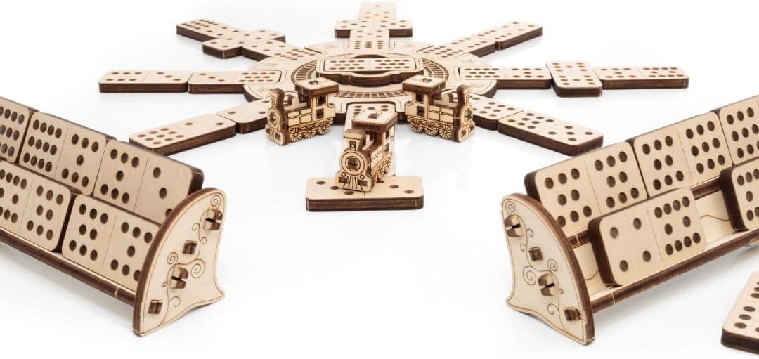 EWA Eco-Wood-Art Mexican Train Domino Game Set - Deluxe Wooden Version with 91 Dominoes, Holders, Locomotives, Station Hub, and Storage Box | Family Board Game - eco-wood-art