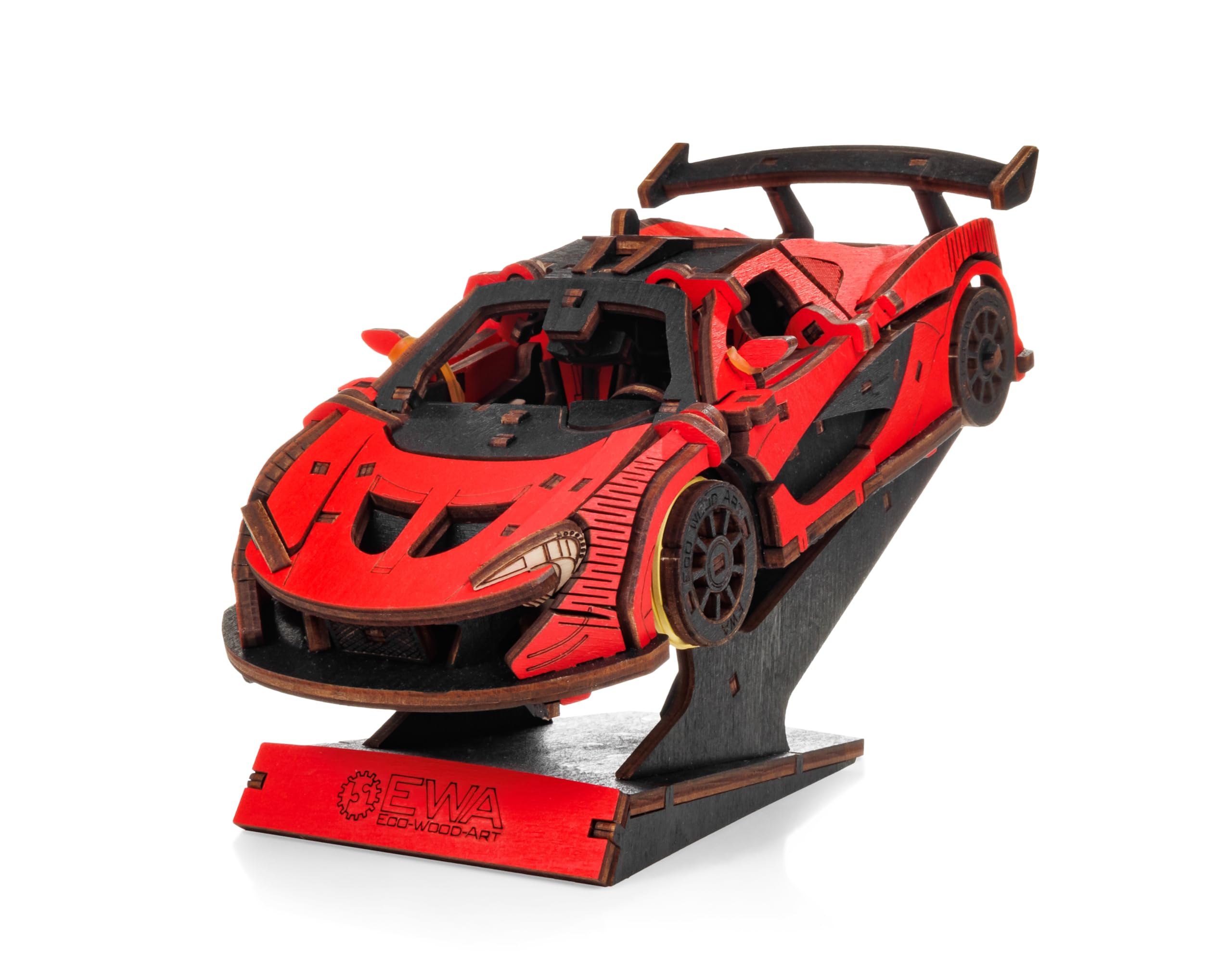 3D Puzzle Racing Car – DIY 3D Wooden Adult Model Kit with Wind-Up Mechanism, Moving Wheels & Detailed Interior – Wooden Car Toy Gifts for Teens & Adults – EWA Eco Wood Art, 220 pcs (Red)