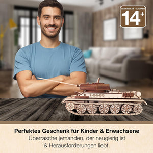 3D Wooden Puzzles for Adults - DIY T-34-85 Tank 3D Puzzle Model Kit with Rubber Band Engine, Rolling Wheels & Rotating Cannon - 3D Wooden Puzzle for 15 yrs Above & Adults - Eco Wood Art, 965 Pieces - eco-wood-art