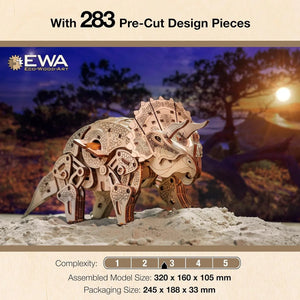 3D Wooden Puzzle - Triceratops 3D Puzzle with Wind Up Rubber Band Mechanism, Moving Legs, Head & Tail - 3D Wooden Puzzles for 15 yrs Above & Adults - Model Building Kits by Eco Wood Art, 283 Pieces - eco-wood-art
