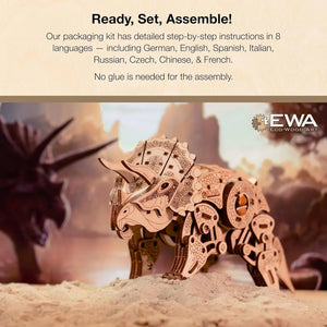 3D Wooden Puzzle - Triceratops 3D Puzzle with Wind Up Rubber Band Mechanism, Moving Legs, Head & Tail - 3D Wooden Puzzles for 15 yrs Above & Adults - Model Building Kits by Eco Wood Art, 283 Pieces - eco-wood-art