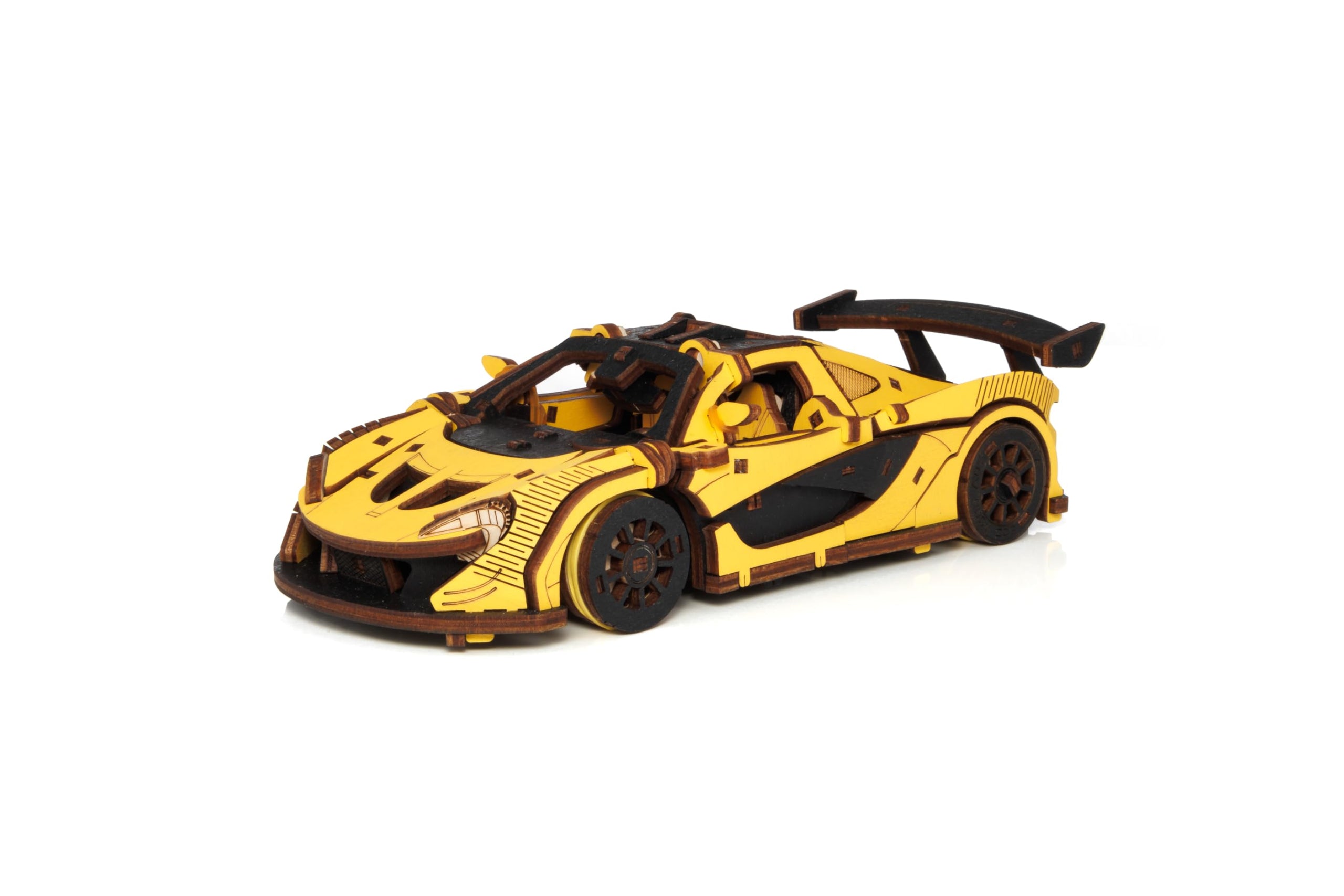 3D Puzzle Racing Car – DIY 3D Wooden Adult Model Kit with Wind-Up Mechanism, Moving Wheels & Detailed Interior – Wooden Car Toy Gifts for Teens & Adults – EWA Eco-Wood-Art, 220 pcs (Yellow)