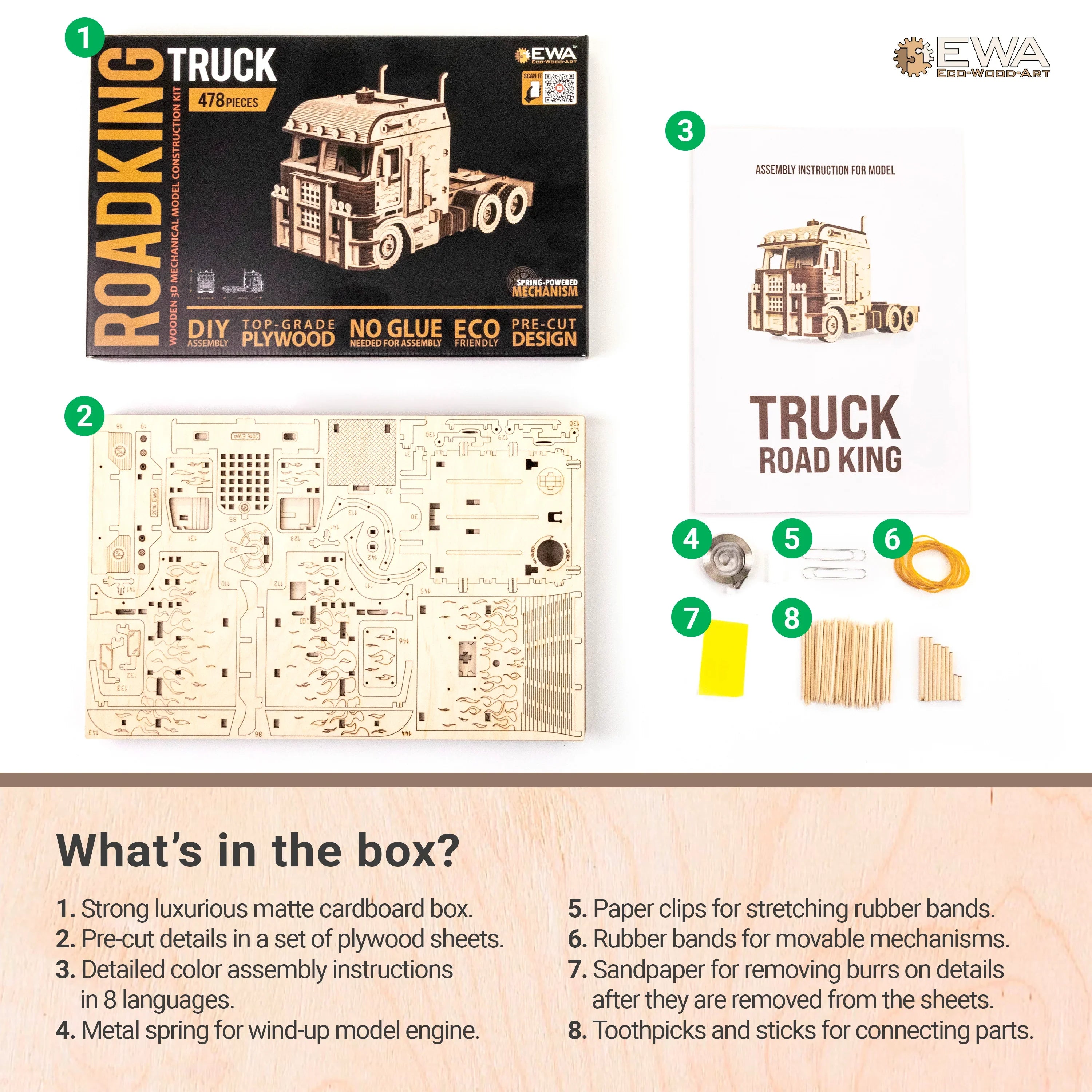 DIY Wooden 3D Mechanical Model - Set Road King - Spring-Powered Mechanism - No Glue Needed - Top-Grade Plywood (Road King) - eco-wood-art