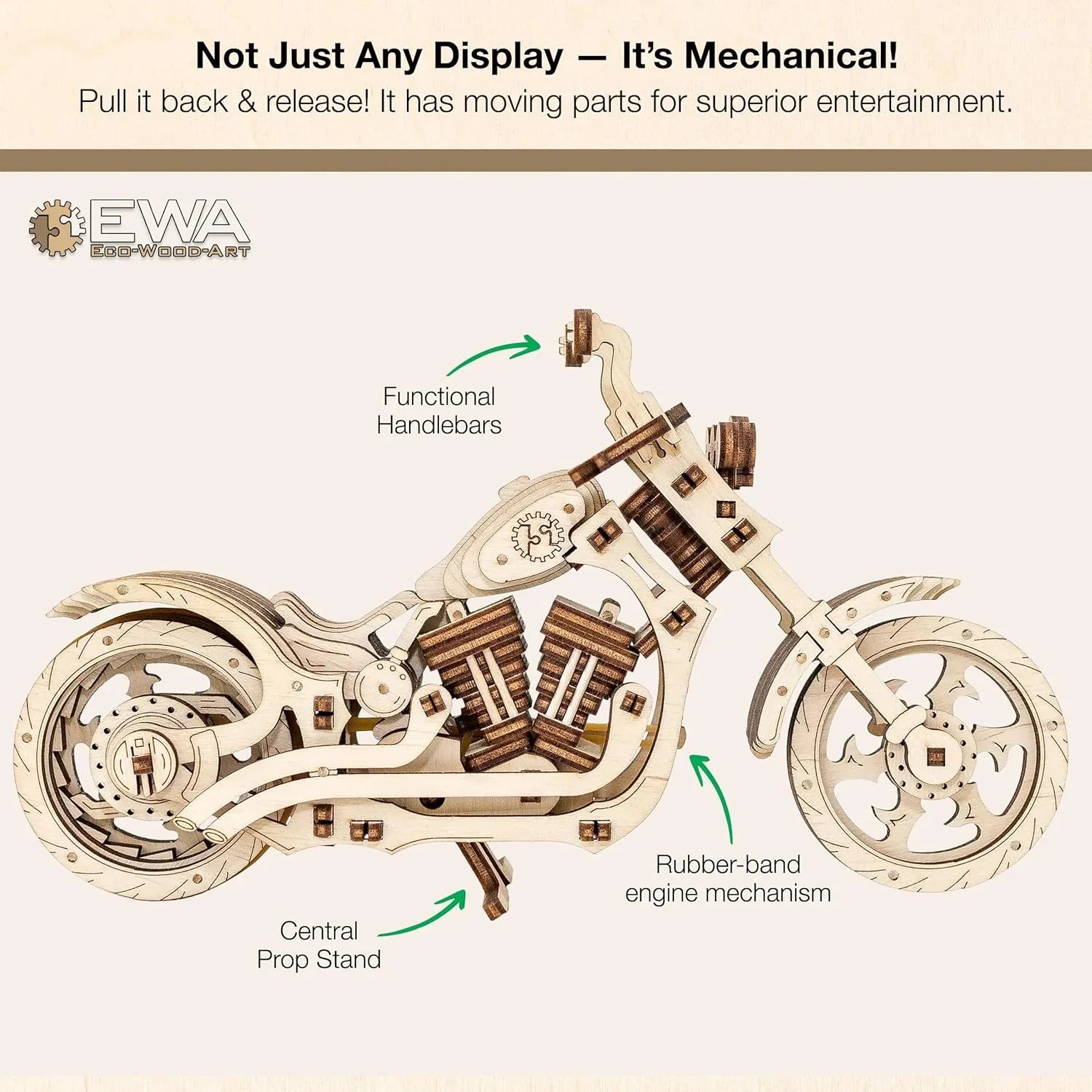 3D Puzzles for Adults - DIY Cruiser Motorcycle Model Kit with Rubber Band Engine, Functional Handlebars & Center Prop Stand - 3D Wooden Puzzle for 15 yrs Above & Adults - Eco Wood Art, 152 Pieces - eco-wood-art