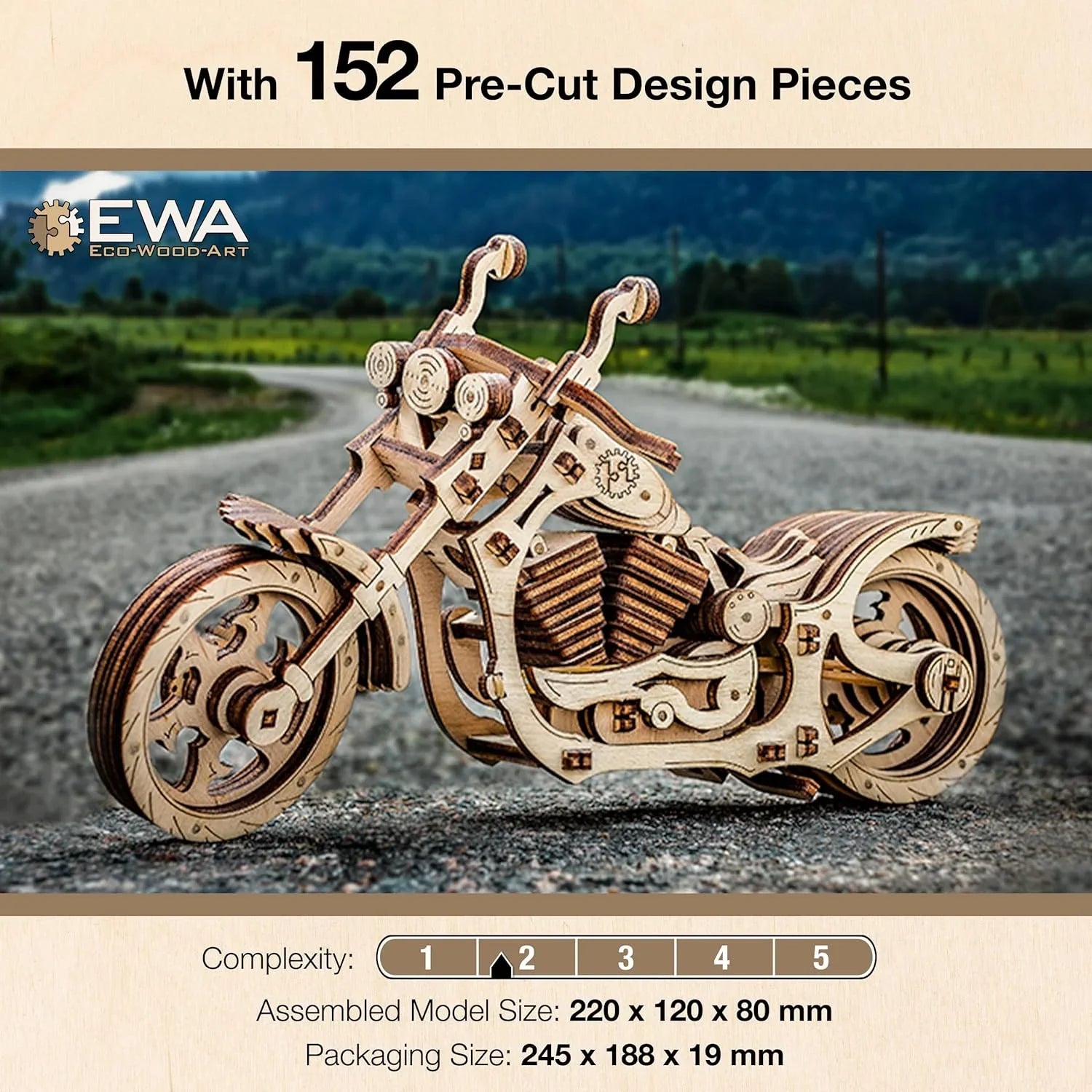 Cruiser Motorcycle 3D Wooden Puzzle, 152 Pieces | EWA – eco-wood-art