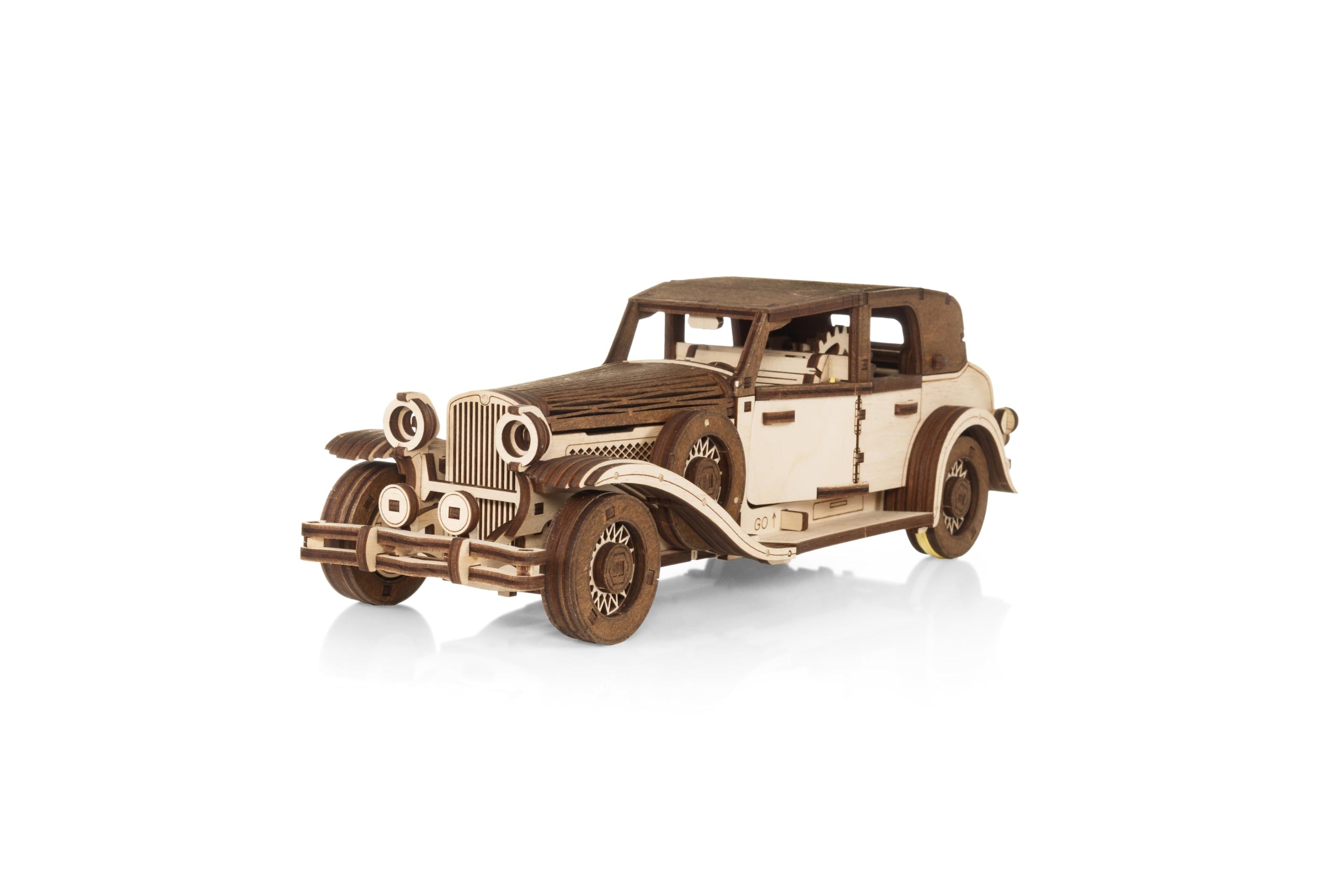 EWA Eco-Wood-Art Ferdinand A Mechanical 3D Model of a car in The Style of The 1920s-1940s of The 20th Century with a Lift Mechanism on a Metal Spring, Natuurlijk, Medium
