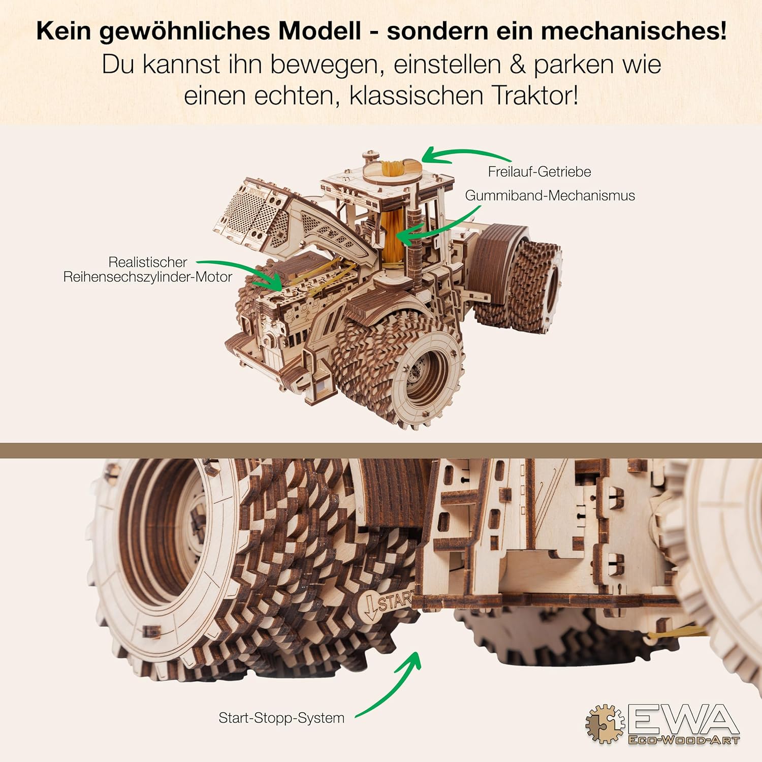 EWA Eco-Wood-Art - KIROVETS K-7M Three-Dimensional Mechanical Tractor-Puzzle for Adults and Teenagers-Collection Without Glue-596 Details, Colour Nature - eco-wood-art