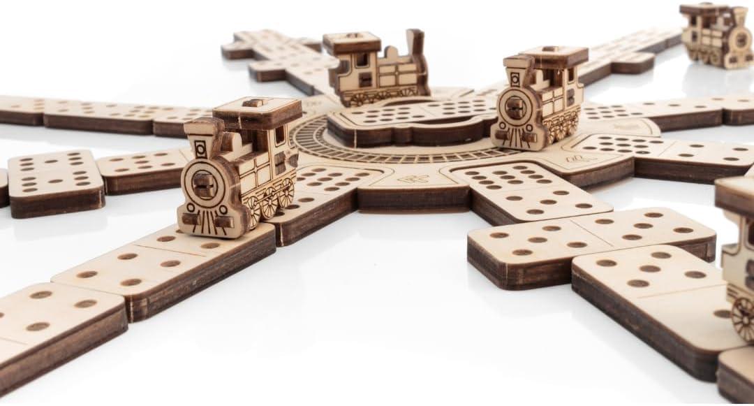 EWA Eco-Wood-Art Mexican Train Domino Game Set - Deluxe Wooden Version with 91 Dominoes, Holders, Locomotives, Station Hub, and Storage Box | Family Board Game - eco-wood-art