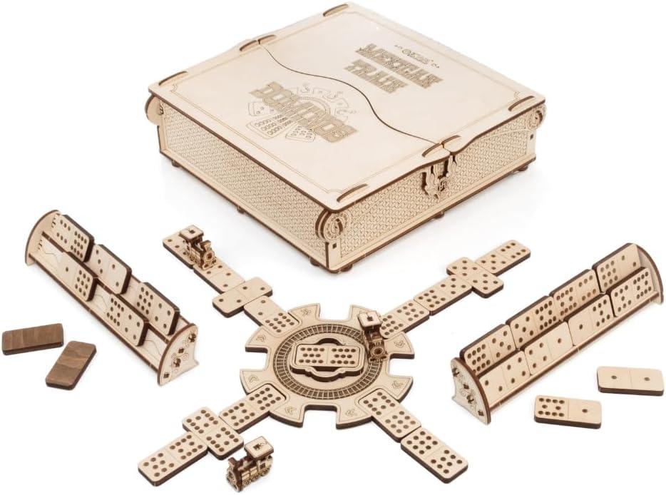 EWA Eco-Wood-Art Mexican Train Domino Game Set - Deluxe Wooden Version with 91 Dominoes, Holders, Locomotives, Station Hub, and Storage Box | Family Board Game - eco-wood-art