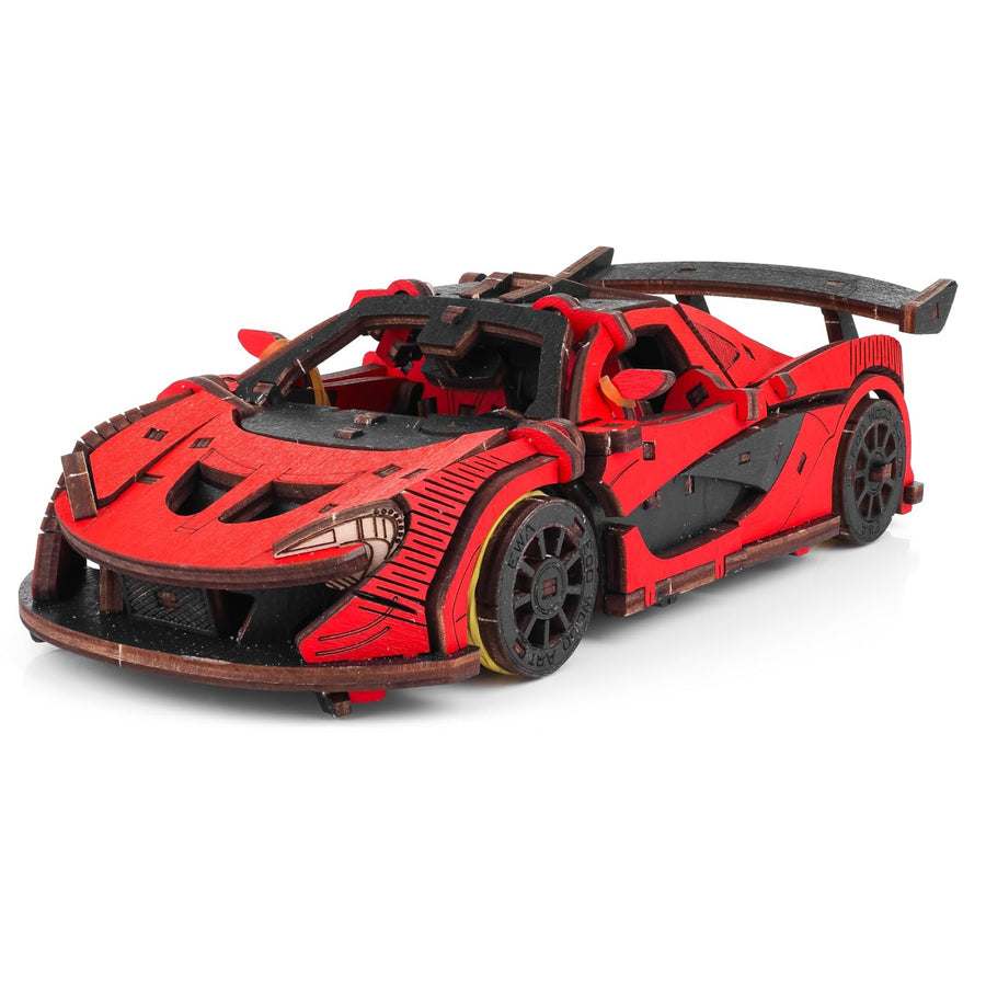 Red Racing Car — Mechanical Wooden Model, 237 Pieces