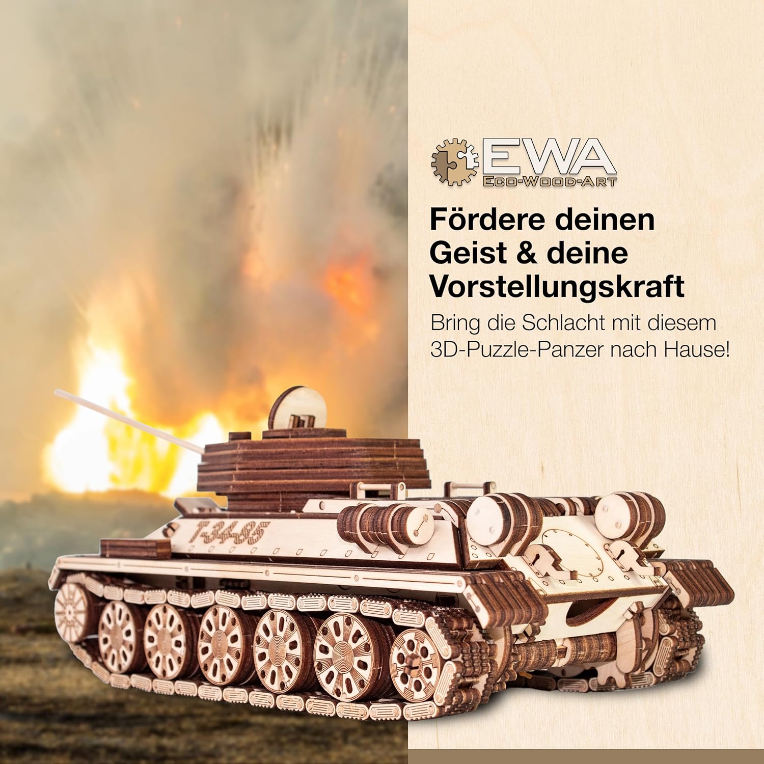 3D Wooden Puzzles for Adults - DIY T-34-85 Tank 3D Puzzle Model Kit with Rubber Band Engine, Rolling Wheels & Rotating Cannon - 3D Wooden Puzzle for 15 yrs Above & Adults - Eco Wood Art, 965 Pieces - eco-wood-art