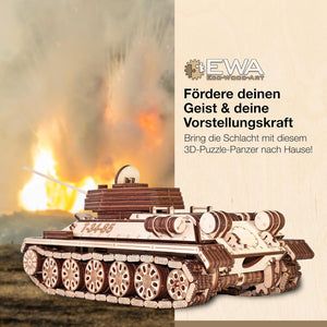 3D Wooden Puzzles for Adults - DIY T-34-85 Tank 3D Puzzle Model Kit with Rubber Band Engine, Rolling Wheels & Rotating Cannon - 3D Wooden Puzzle for 15 yrs Above & Adults - Eco Wood Art, 965 Pieces - eco-wood-art