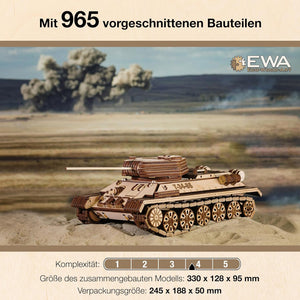 3D Wooden Puzzles for Adults - DIY T-34-85 Tank 3D Puzzle Model Kit with Rubber Band Engine, Rolling Wheels & Rotating Cannon - 3D Wooden Puzzle for 15 yrs Above & Adults - Eco Wood Art, 965 Pieces - eco-wood-art