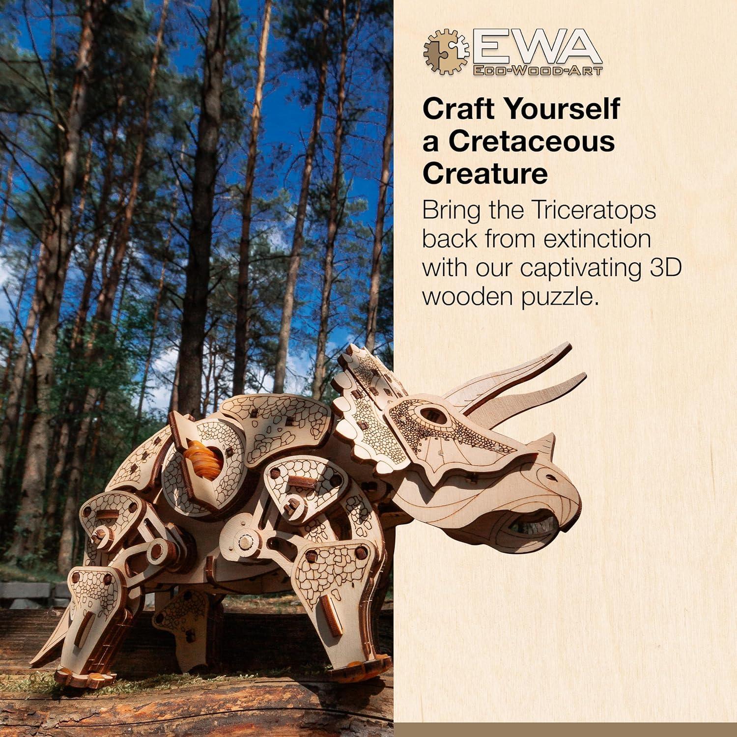 3D Wooden Puzzle - Triceratops 3D Puzzle with Wind Up Rubber Band Mechanism, Moving Legs, Head & Tail - 3D Wooden Puzzles for 15 yrs Above & Adults - Model Building Kits by Eco Wood Art, 283 Pieces - eco-wood-art