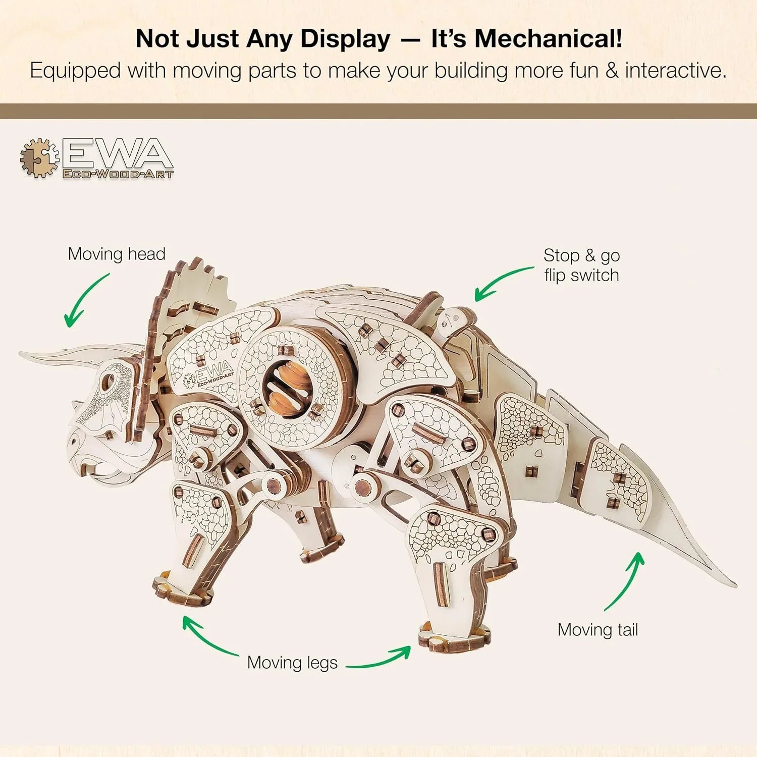 3D Wooden Puzzle - Triceratops 3D Puzzle with Wind Up Rubber Band Mechanism, Moving Legs, Head & Tail - 3D Wooden Puzzles for 15 yrs Above & Adults - Model Building Kits by Eco Wood Art, 283 Pieces - eco-wood-art