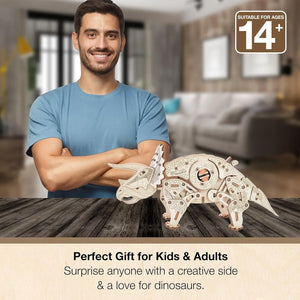 3D Wooden Puzzle - Triceratops 3D Puzzle with Wind Up Rubber Band Mechanism, Moving Legs, Head & Tail - 3D Wooden Puzzles for 15 yrs Above & Adults - Model Building Kits by Eco Wood Art, 283 Pieces - eco-wood-art